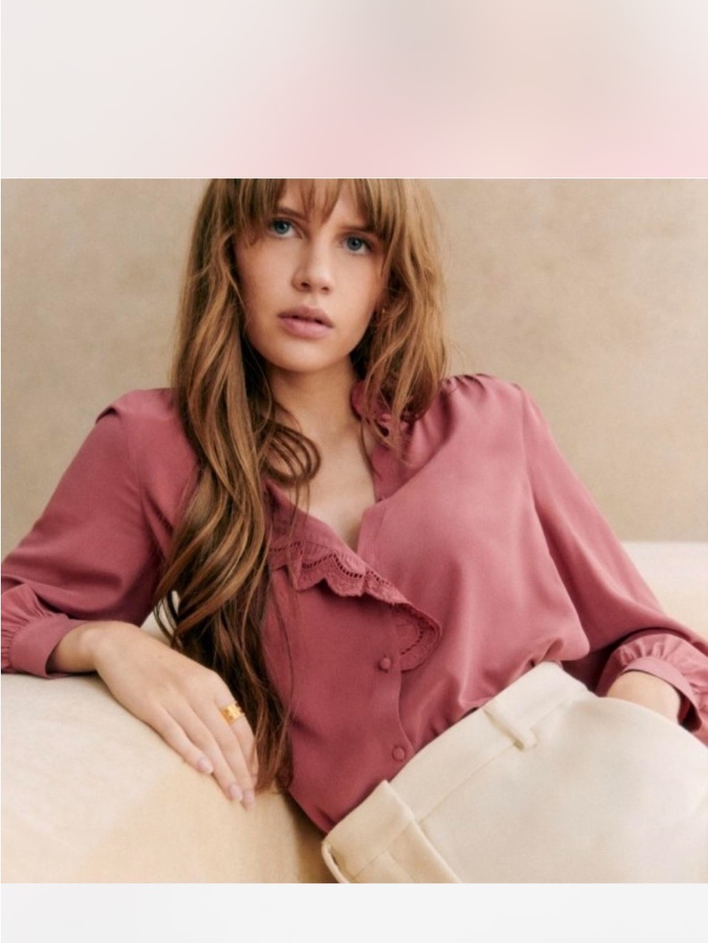 Sezane Silk Rose-Pink Ruffled Button-Front Blouse - Picture 2 of 8